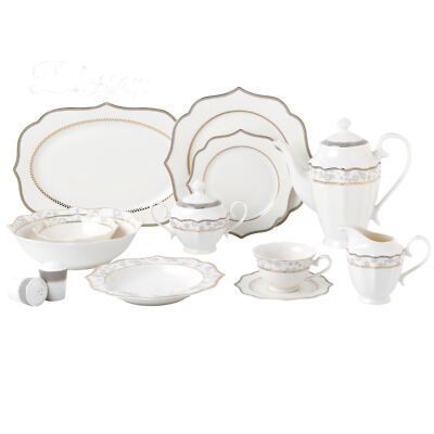 57 Pcs Bone China Dinnerware Set Service for 8, Wavy Gold Mix and Match-Blossom