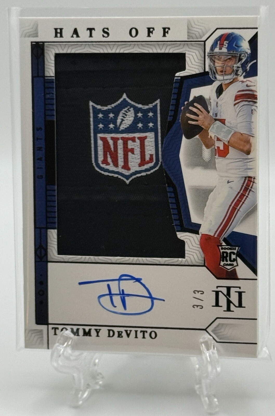 Tommy DeVito 2023 National Treasures Hats Off NFL Shield Tag RPA RC Auto 3/3!