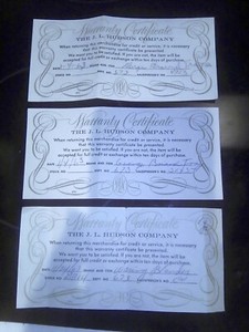 the JL Hudson company Detroit vintage warranty certificates lot of three