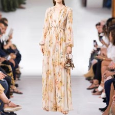 New Women V-neck Lantern Long Sleeved Printed Floral Pleated Elegant Long Dress