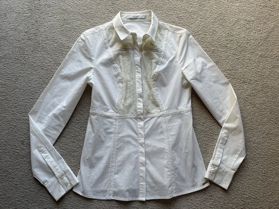 Guess Women's Long-Sleeve Crochet-Inset Lace Floral Button Up Blouse Shirt Top S