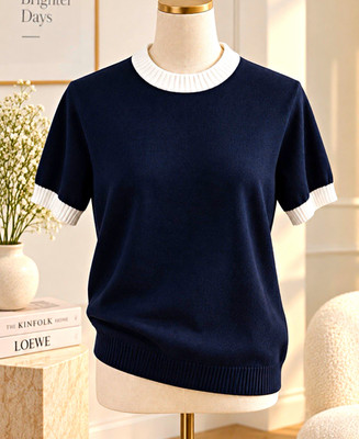 Kurzarm Strickpullover Rundhals Blau/Weiß, Größe M/L, Unisex Erwachsene
