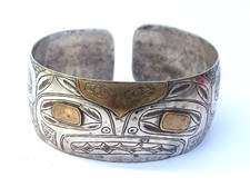 Antique Sterling Silver Gold Haida Tlingit Northwest Coast Indian Bracelet - JO3