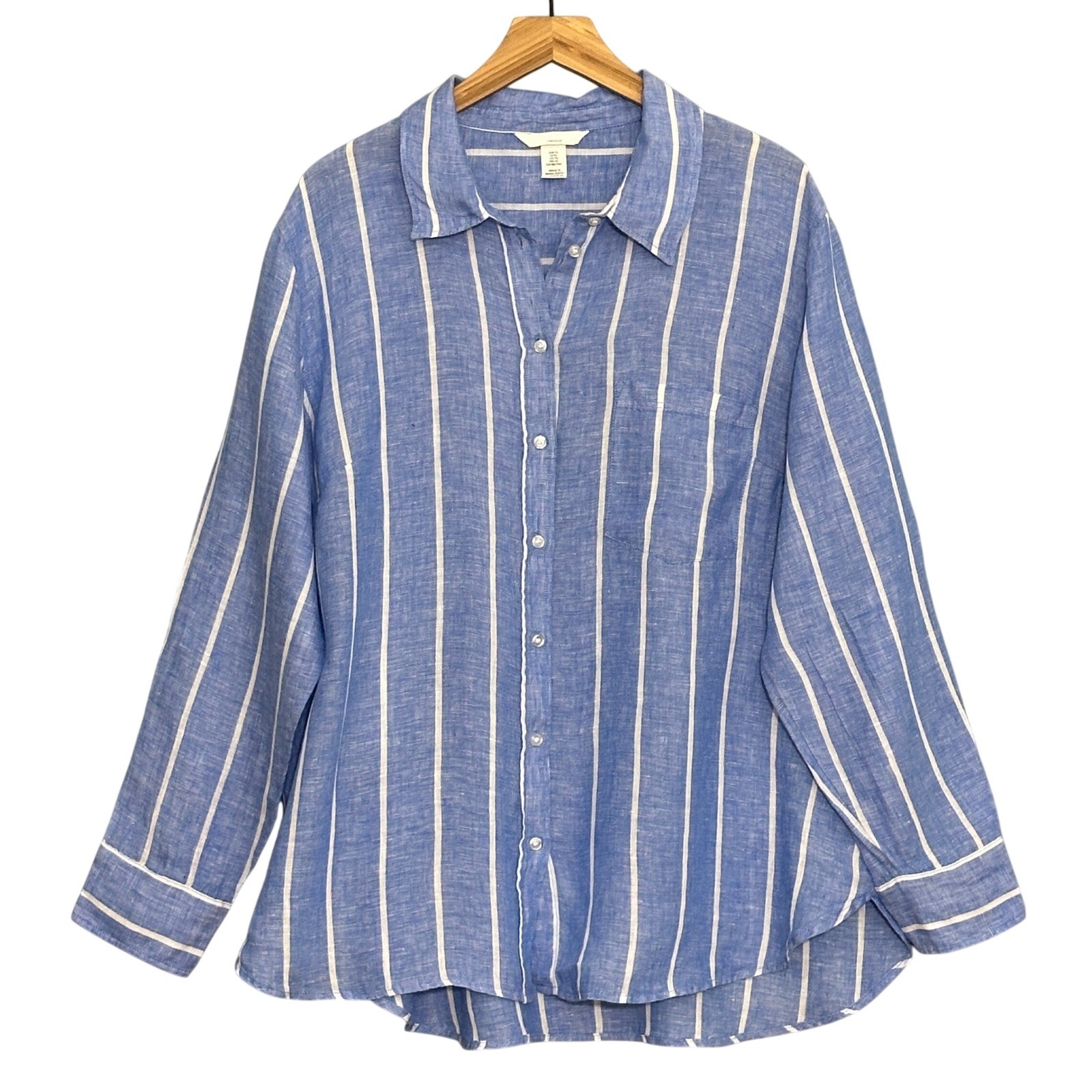 HM Womens Top XL 100% Linen Blue White Striped Button Up Nautical Beach Coastal-image