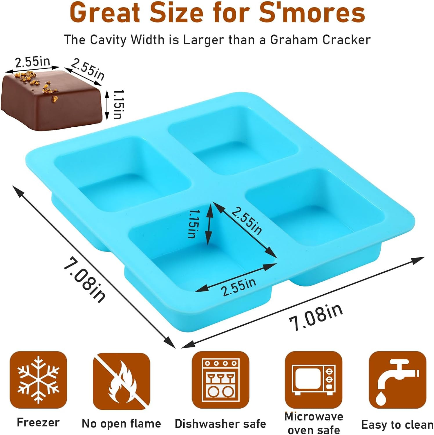 4 Cavity Silicone Square Molds, 3 Pcs Non-Stick Reusable S'Mores Trays