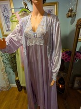Shadowline Women  s Purple Nylon Lace Trim Long Sleeve V-Neck Button Gown