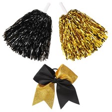 3 Pcs Cheerleading Pom Poms and Large Cheerleader Hair Black and Gold Metallic