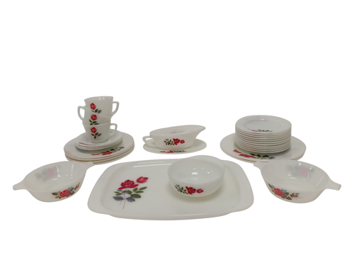 Vintage JAJ Pyrex June Rose Ceramics Dinner Set 29 Pieces Plates, Bowls, Cups