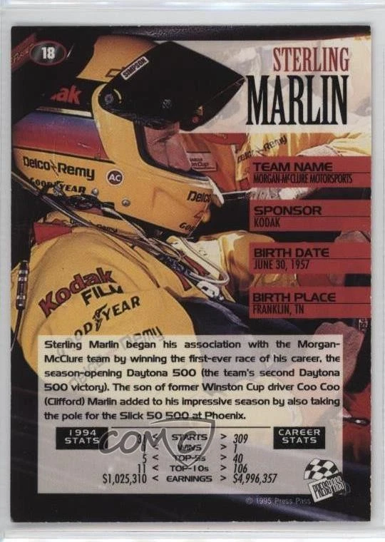 1995 Press Pass Cup Chase Sterling Marlin #18 - Image 2 of 2