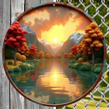 1pc 2D 2D Flat Surface,1pc 8inch Round Aluminum Sign Quiet Lake and Autumn Trees