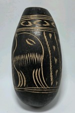 Vintage Calabash Gourd Hand Carved With Two Birds Geometric Lines Shapes Tribal