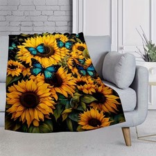 1pc Sunflowers And Blue Butterfly Thin Blanket