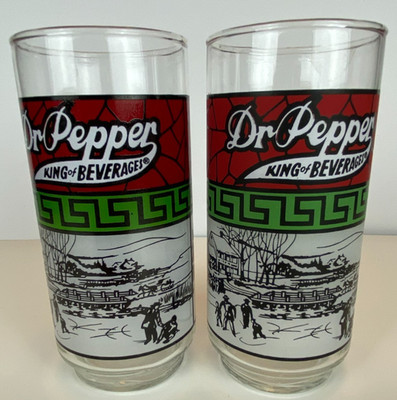 Dr Pepper King of Beverages 1979 16 oz Glass Glasses 2-Pack Winter Ice Skating