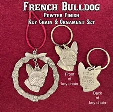 Rawcliffe Pewter French Bulldog "Frenchie" Key Chain and Ornament Set