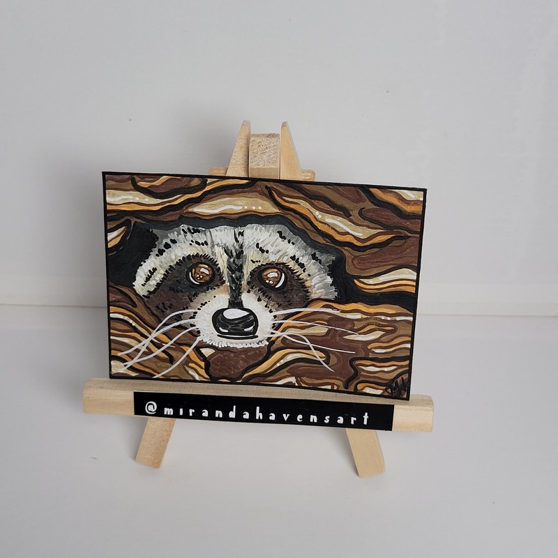 ACEO Original MirandaHavensArt, Raccoon Log, Water Color Painting Signed