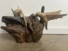 Wooden Hummingbird Couple Statue Colibri Sculpture Art