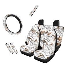 Howilath White Hunting Camo Forest Auto Seats Protector 8-Piece with Front Ba...