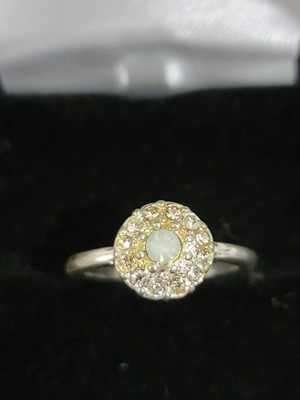 Vintage Silver Tone Faux Opal & Rhinestone Halo Cluster Ring - Size 6