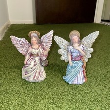 Vintage Angel Figurines Set of 2 Hand Painted Resin Angels 6” Religious Decor