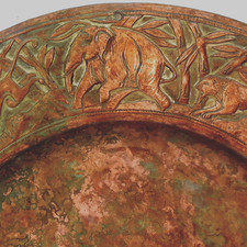 Antique Indian Sri Lanka Arts & Crafts Chased Copper Plate Tiger Elephants c1910