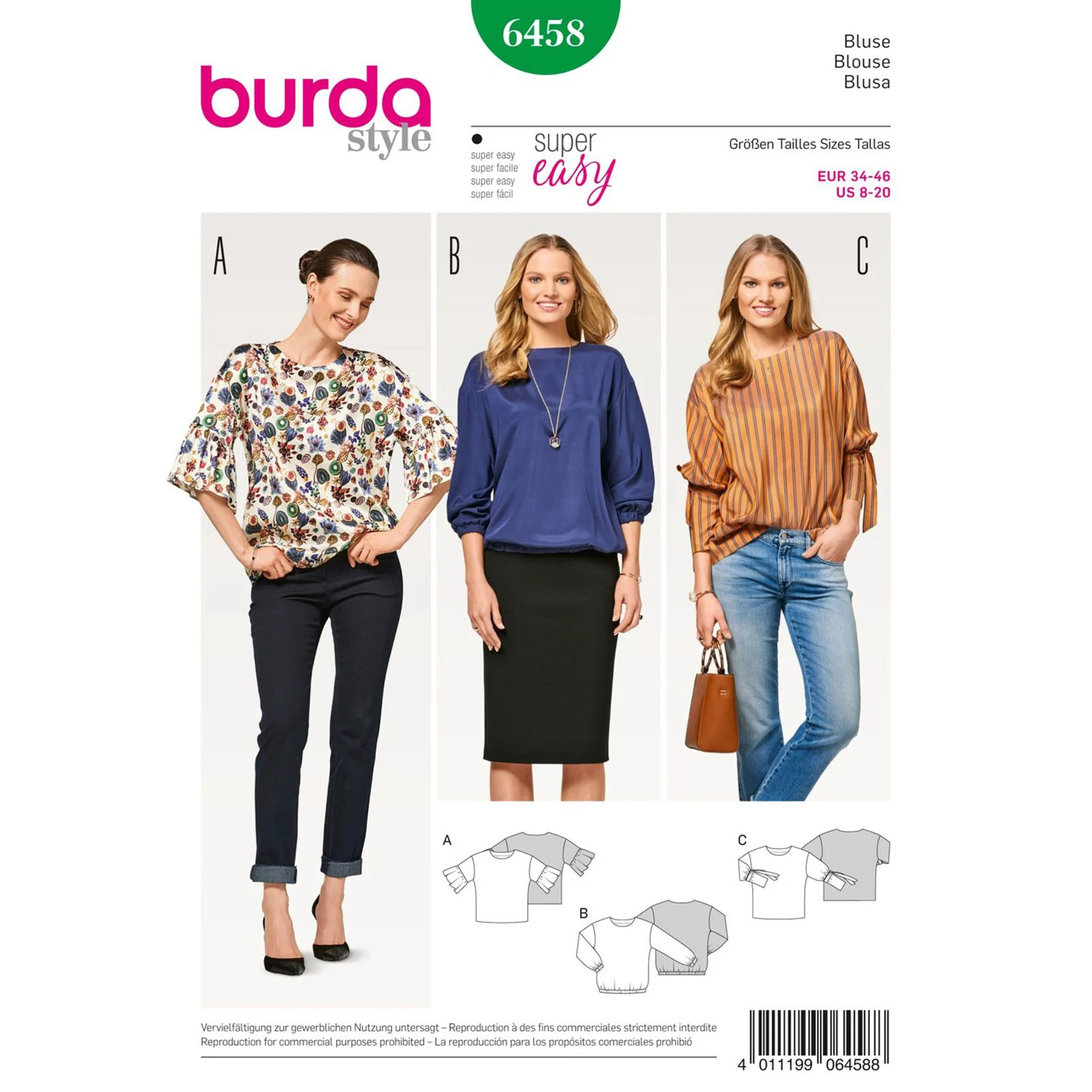 BURDA 6458 MISSES BLOUSE Sewing Pattern Sizes 8-20 DISCONTINUED READ DESCRIPTION