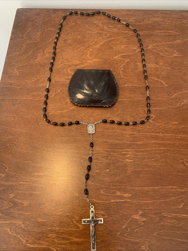 Vintage Rosary And Leather Pouch