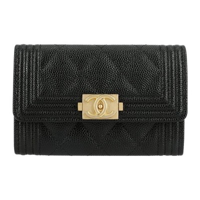 CHANEL 21K Winter Leboy Gold Buckle Diamond Wallet Women's Black 4.4x0.8x3 in