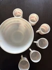 MCM Vintage Milk Glass Set Hazel Atlas Tom and Jerry Punch Bowl Set w/ 6 Mugs