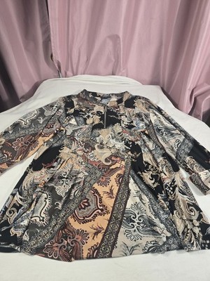 Cocomo Woman Plus 2X Tropical Floral Zip Front Tunic Blouse Roll Tab Sleeve Top