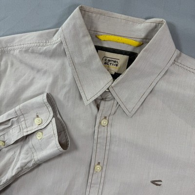 Camel Active Mens L Modern Fit Micro Stripe Button Down Shirt Tan White