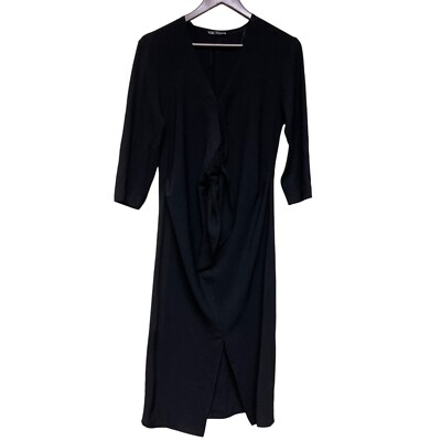 Zara Black 1/2 Sleeve Front Twist V-Neck Black Midi Dress Women's