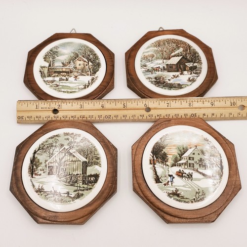 Vtg Set 4 Currier & Ives VG Winter Scenery Wood & Ceramic Tile Wall Plates Japan - Picture 2 of 15