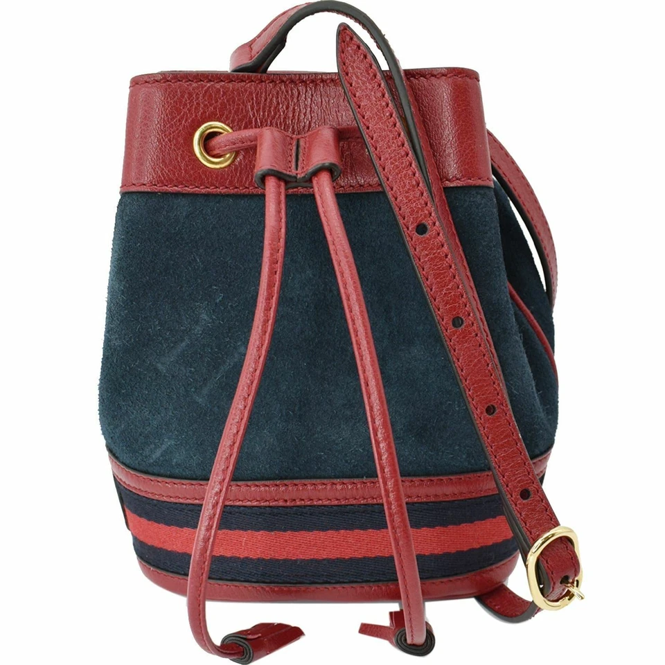 GUCCI Ophidia Mini Leather Trimmed Suede Bucket Bag Blue 550620