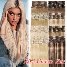 Any Color 8"-24" Clip In Real Remy Human Hair Extensions Add Highlight Top Sale
