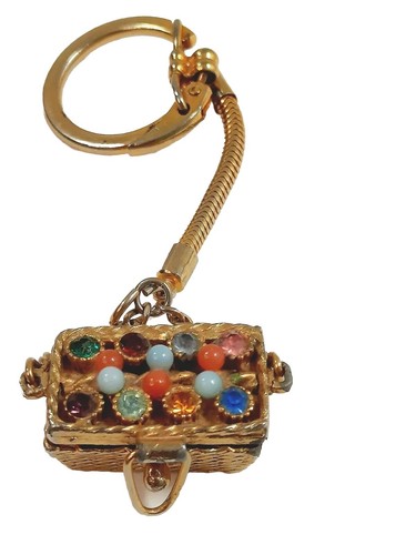 Vintage Schlüsselanhänger goldfarben Picknickkorb Schmuckschatulle