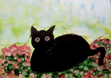 Art Print ACEO black CAT in leaves 2.5x3.5 by Lynne Kohler