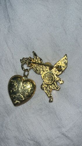 Vintage Gold Tone The Vatican Library Angel Cherub Brooch Pin + Locket - Picture 3 of 4
