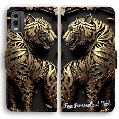Personalised Text Wallet Phone Cover For Nokia Series - 3D Gold Tiger Theme