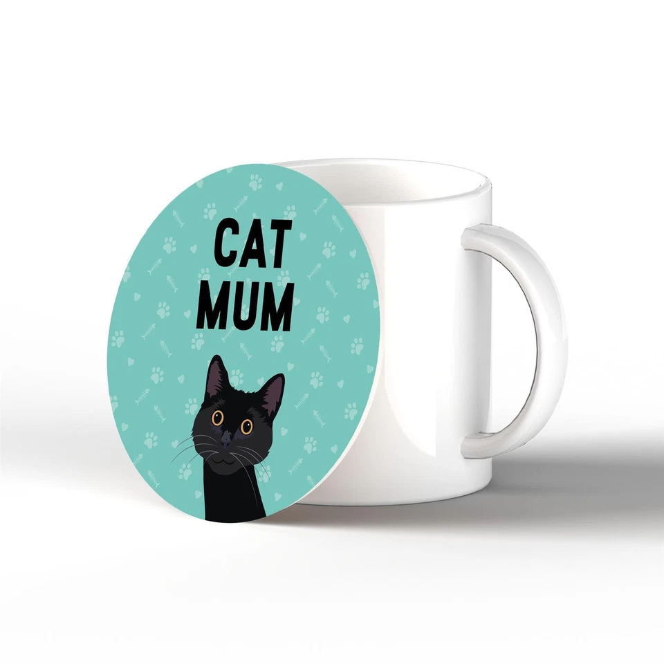 GLOBAL DESIGNS Black Cat Mum Kate Pearson Illustration Ceramic Circle Coaster Cat Themed Gift