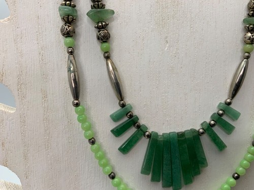 Vintage Necklace Jade Sliver-tone Beads Glass Beads Green Double Strand - Picture 8 of 8