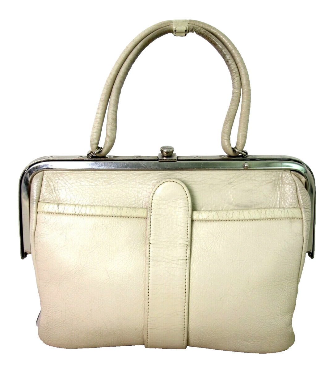 VINTAGE SABER GRAY BEIGE GENUINE LEATHER KELLY POCKETBOOK FRAMED