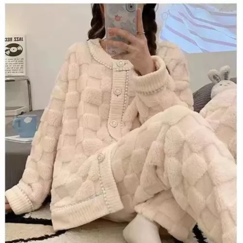 Coral Fleece Pajamas Set Women Lounge Home Suit Warm Sleepwear Homewear Set - Picture 2 of 10