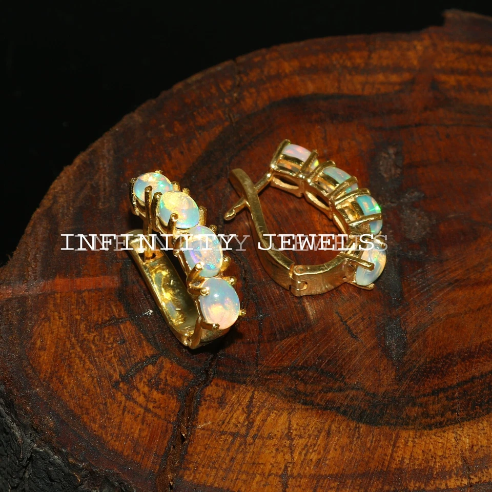 Natürlich Oval Äthiopische Opal Reifen Ohrringe Oktober Geburtsstein Schmuck - Bild 3 von 4