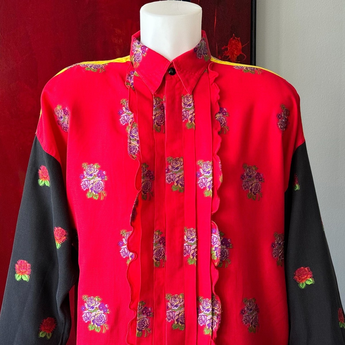 GIANNI VERSACE cotton shirt Ruffles & Embroidered Flowers size 52