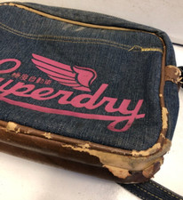 SUPERDRY Messenger Bag DENIM Pink Logo Leather Badge RETRO Well Worn BOHO Look