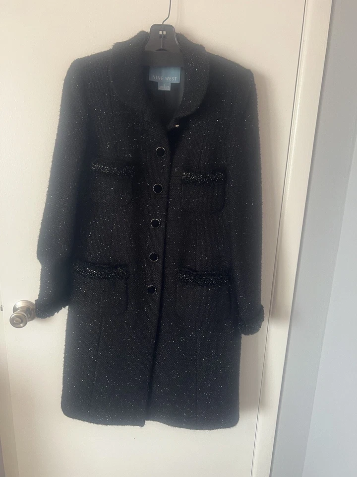 Vestido Abrigo Mujer Nine West Negro Lentejuelas Tweed Botón Frontal Semi Ajustado Talla 8 Foto 3 de 4