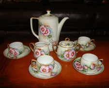 HAND PAINTED SIGNED COFFEE TEA SET, POT, SUGAR, CREAMER 4 CUPS, ROSES