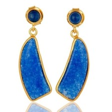 Natural Blue Aventurine 18K Gold Plated 925 Sterling Silver Dangle Earrings 