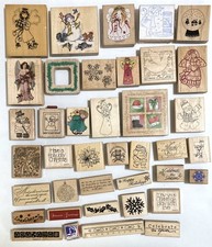 Christmas Rubber Stamps Wood Mount Lot of 39 Angels Snowmen Santa Greetings