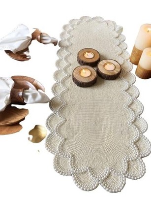 Indian Handcrafted Beaded Cream Pearl Beads Table Runner 13×36 Inches